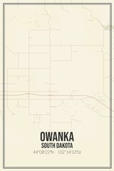 Retro US city map of Owanka, South Dakota. Vintage street map.