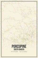 Retro US city map of Porcupine, South Dakota. Vintage street map.