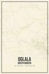 Retro US city map of Oglala, South Dakota. Vintage street map.