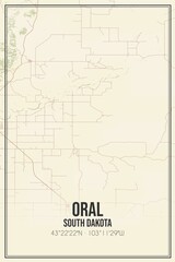 Retro US city map of Oral, South Dakota. Vintage street map.