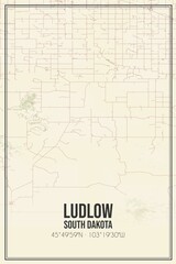 Retro US city map of Ludlow, South Dakota. Vintage street map.