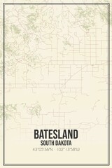 Retro US city map of Batesland, South Dakota. Vintage street map.