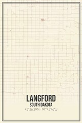 Retro US city map of Langford, South Dakota. Vintage street map.