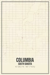 Retro US city map of Columbia, South Dakota. Vintage street map.