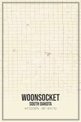 Retro US city map of Woonsocket, South Dakota. Vintage street map.