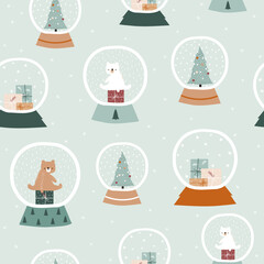 Seamless pattern with cartoon Christmas snow globes. Cute winter print. Vector hand drawn illustration. - 551390365