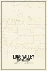 Retro US city map of Long Valley, South Dakota. Vintage street map.