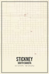 Retro US city map of Stickney, South Dakota. Vintage street map.