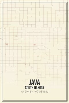 Retro US city map of Java, South Dakota. Vintage street map.