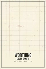 Retro US city map of Worthing, South Dakota. Vintage street map.