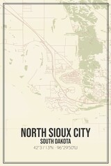 Retro US city map of North Sioux City, South Dakota. Vintage street map.