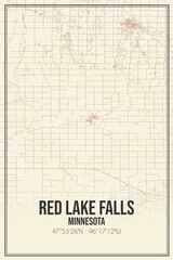 Retro US city map of Red Lake Falls, Minnesota. Vintage street map.