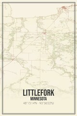 Retro US city map of Littlefork, Minnesota. Vintage street map.