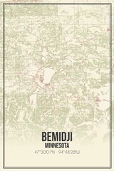 Retro US city map of Bemidji, Minnesota. Vintage street map.