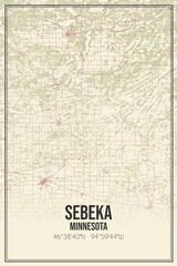 Retro US city map of Sebeka, Minnesota. Vintage street map.
