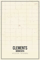 Retro US city map of Clements, Minnesota. Vintage street map.
