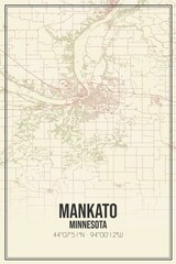 Retro US city map of Mankato, Minnesota. Vintage street map.