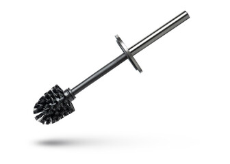 Black toilet brush isolated on white. Close-up of a toilet cleaning brush with metal elements to...