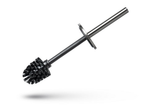 Black toilet brush isolated on white. Close-up of a toilet cleaning brush with metal elements to insert into a project or design. Metal brush for the toilet on a white background