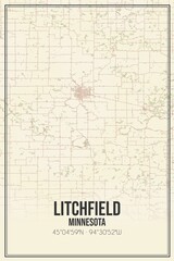 Retro US city map of Litchfield, Minnesota. Vintage street map.