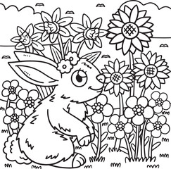 Spring Rabbit and Flowers Coloring Page for Kids