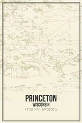 Retro US city map of Princeton, Wisconsin. Vintage street map.