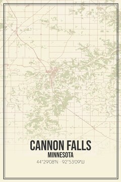 Retro US city map of Cannon Falls, Minnesota. Vintage street map.