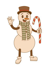 Comic character of a groovy snowman with hat, scarf and candy in trendy cartoon style on isolated background. For card, poster, print.