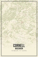 Retro US city map of Cornell, Wisconsin. Vintage street map.
