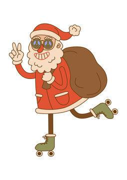 Comic character of a groovy Santa Claus roller skating with bag in trendy cartoon style on isolated background. For card, poster, print.