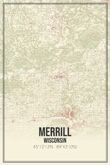 Retro US city map of Merrill, Wisconsin. Vintage street map.