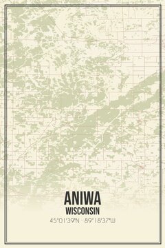 Retro US city map of Aniwa, Wisconsin. Vintage street map.