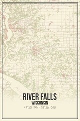 Retro US city map of River Falls, Wisconsin. Vintage street map.