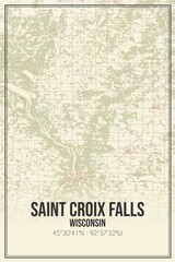 Retro US city map of Saint Croix Falls, Wisconsin. Vintage street map.