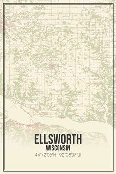 Retro US city map of Ellsworth, Wisconsin. Vintage street map.