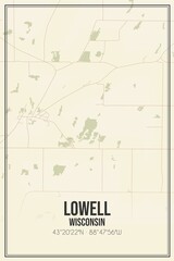 Retro US city map of Lowell, Wisconsin. Vintage street map.