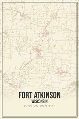 Retro US city map of Fort Atkinson, Wisconsin. Vintage street map.