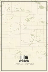 Retro US city map of Juda, Wisconsin. Vintage street map.