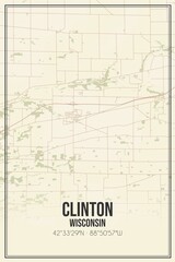 Retro US city map of Clinton, Wisconsin. Vintage street map.