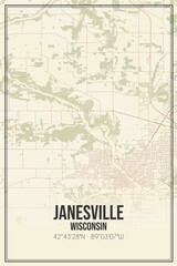 Retro US city map of Janesville, Wisconsin. Vintage street map.
