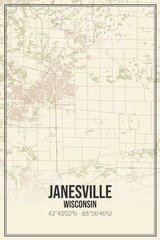 Retro US city map of Janesville, Wisconsin. Vintage street map.
