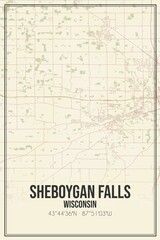 Retro US city map of Sheboygan Falls, Wisconsin. Vintage street map.