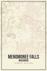 Retro US city map of Menomonee Falls, Wisconsin. Vintage street map.