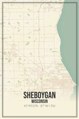 Retro US city map of Sheboygan, Wisconsin. Vintage street map.