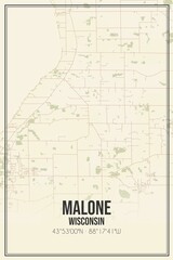 Retro US city map of Malone, Wisconsin. Vintage street map.