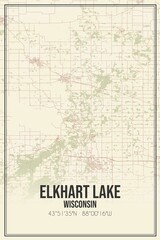 Retro US city map of Elkhart Lake, Wisconsin. Vintage street map.