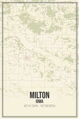 Retro US city map of Milton, Iowa. Vintage street map.
