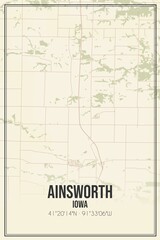 Retro US city map of Ainsworth, Iowa. Vintage street map.