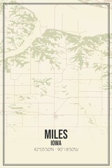 Retro US city map of Miles, Iowa. Vintage street map.