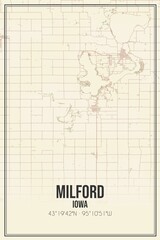 Retro US city map of Milford, Iowa. Vintage street map.